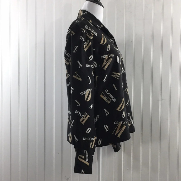 Liz Claiborne VTG 90s Black Cream Printed Button‎ Front Silk Shirt Womens Small - Picture 2 of 11